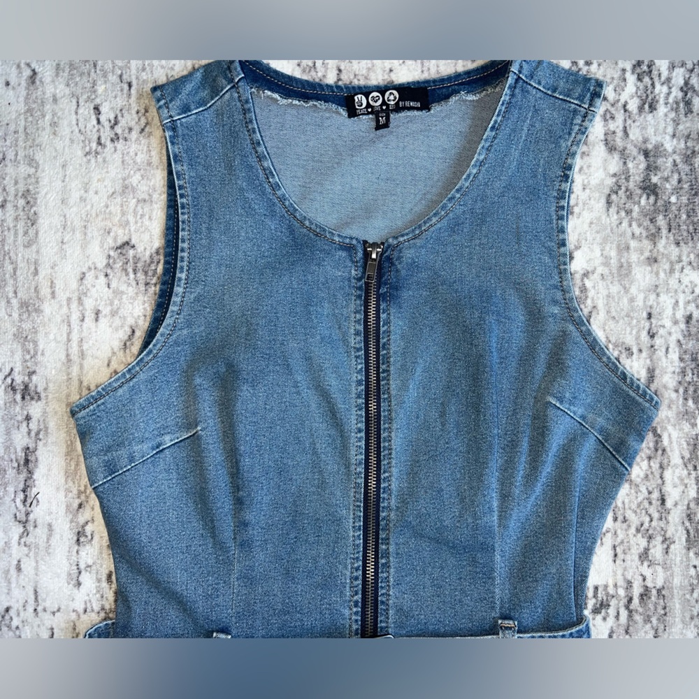 NWOT! Rewash Blue Denim Zip Front BodyCon TankTop Jean Dress with Belt Medium - Picture 2 of 7